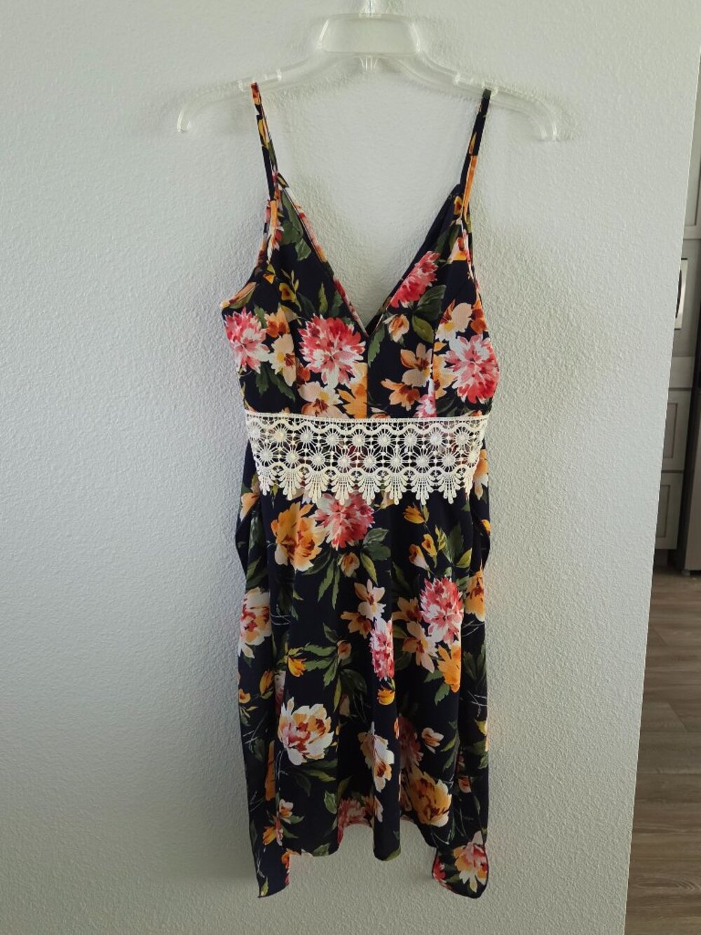 O'Delilah Floral Lace-Waist Mini Dress - Navy/Coral (Size S)